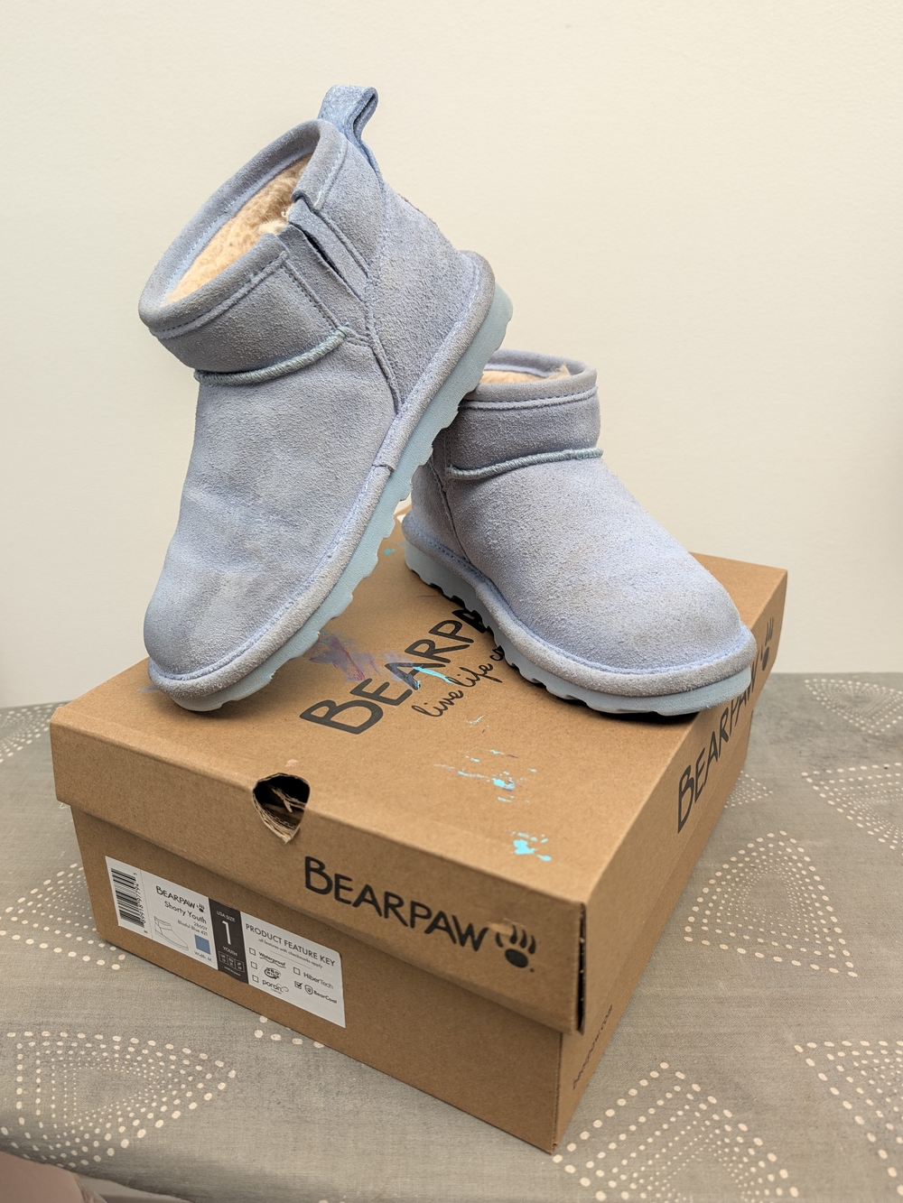 Bearpaw Kids' Size 1 Light Blue Suede Leather Ankle Boot With Wool Sherpa